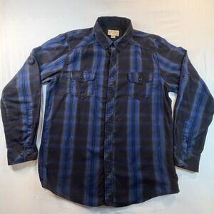 1897 Roaming‎ America Western Flannel Shirt L Blue Plaid Snap Pocket Ranchwear
